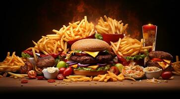ai généré Burger et frites sur abstrait arrière-plan, Fast food fond d'écran, Burger et frites sur le tableau, Fast food bannière photo