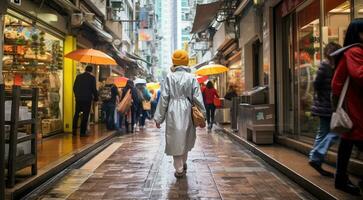 ai généré solitaire Jeune fille en marchant sur le rue avec parapluie, solitaire femme en marchant sur le rue, solitaire fille avec parapluie photo