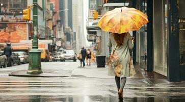 ai généré solitaire Jeune fille en marchant sur le rue avec parapluie, solitaire femme en marchant sur le rue, solitaire fille avec parapluie photo