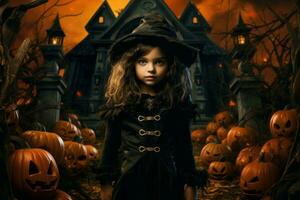 ai généré sinistre fille Halloween maison. produire ai photo