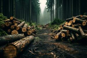 ai généré longue forêt coupeur des arbres. produire ai photo