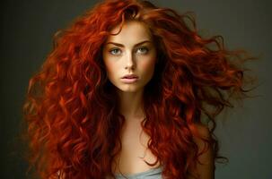 ai généré longue frisé rouge cheveux fille. produire ai photo