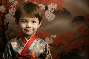 ai généré traditionnel peu garçon kimono. produire ai photo