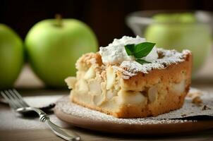 ai généré Pomme gâteau plat avec crème et sucre poudre. produire ai photo