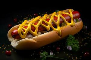 ai généré Hot-dog moutarde ketchup avec oignons et salade. produire ai photo