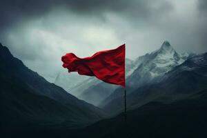 ai généré rouge drapeau sur brumeux Montagne camp. produire ai photo