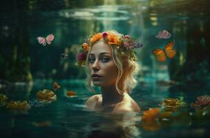 ai généré serein femme fleur couronne dans l'eau lac. produire ai photo