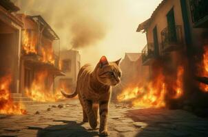 ai généré triste chat en marchant parmi brûlant flammes rue. produire ai photo