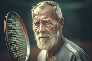 ai généré Sénior athlétique homme en jouant tennis. produire ai photo