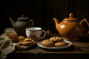 ai généré théière avec tasses avec des biscuits encore vie. produire ai photo