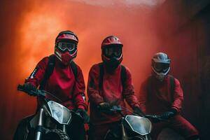 ai généré fort groupes trio motocross cavaliers. produire ai photo