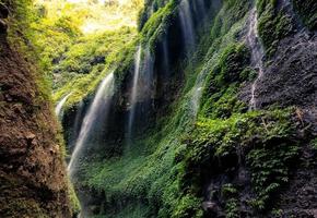 belle cascade de madakaripura dans la vallée rocheuse photo