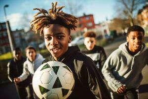 ai généré adolescents engager dans une Jeu de Football avec leur copains sur le école terrain de jeux photo