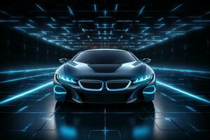 ai généré futur voiture illuminé dans bleu néon photo