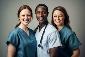 ai généré Trois interracial hôpital Personnel permanent ensemble photo