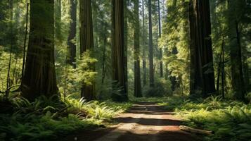 ai généré le serein beauté de une séquoia forêt photo