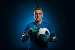 ai généré une studio image de une gardien de but portant Football gants et en portant une Football Balle photo