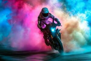ai généré coureur sur un moto contre une Contexte de multicolore fumée photo
