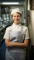 ai généré Jeune femme chef dans une restaurant cuisine à la recherche à caméra photo