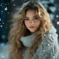 ai généré une magnifique femme dans le neigeux Noël photo