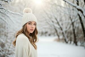 ai généré magnifique Jeune femme dans chaud chandail avec chapeau sur blanc Contexte photo