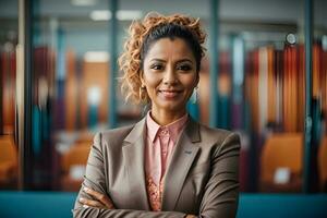 ai généré souriant sur de soi femme d'affaires posant avec bras plié photo