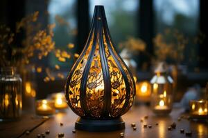 ai généré arabe inspiré métal lampe comme une étourdissant dessus de la table pièce maîtresse, eid et Ramadan images photo