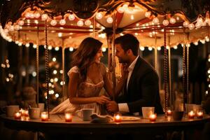 ai généré couple assise dîner sur une décoré ancien carrousel, Valentin, sortir ensemble et l'amour proposition image photo