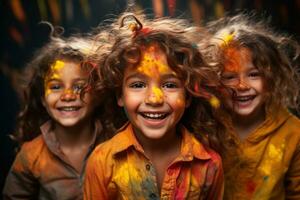 ai généré innocent visages orné dans Holi couleurs, Holi Festival images dans Inde photo