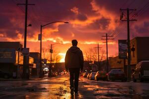 ai généré homme roaming le Urbain paysage, lever du soleil et le coucher du soleil fond d'écran photo