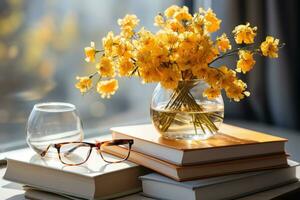 ai généré des lunettes sur livres Jaune fleurs dans une vase sur une blanc Contexte créer une charmant scène, éducatif photo