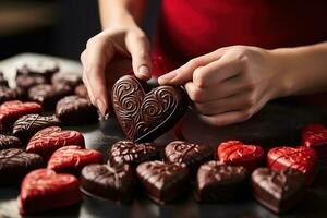 ai généré proche en haut de expert mains attacher rouge ruban sur cœur en forme de des chocolats, engagement, mariage et anniversaire image photo