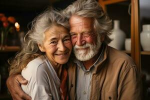 ai généré vieux couple partage une réconfortant embrasser, diverse actif les personnes âgées des photos