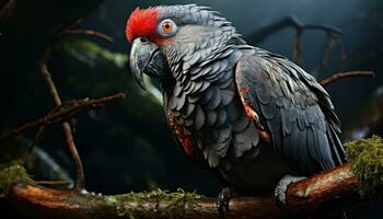 ai généré une coloré perroquet permanent sur une arbre branche dans nature, mignonne national animal de compagnie image photo