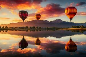 ai généré Matin flotte lever du soleil des ballons réfléchi sur tranquille des eaux, lever du soleil et le coucher du soleil fond d'écran photo