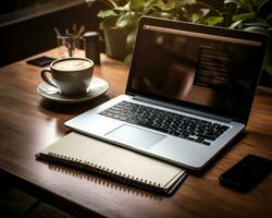 ai généré le parfait travail coin portable café et l'écriture essentiel sur une élégant en bois surface, affaires réunion photo