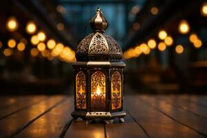 ai généré traditionnel musulman lanterne avec d'or lueur sur plat en bois arrière-plan, eid et Ramadan images photo
