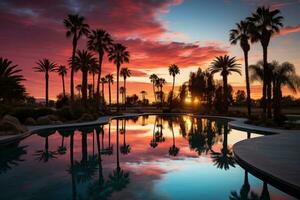 ai généré oasis tranquillité en dessous de coucher de soleil, lever du soleil et le coucher du soleil fond d'écran photo