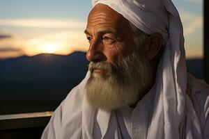 ai généré musulman cheik dans blanc peignoir à le coucher du soleil pendant aïd, eid et Ramadan images photo