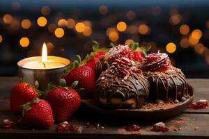 ai généré des fraises plongé dans Chocolat au milieu de étincelant ville lumières, Valentin, sortir ensemble et l'amour proposition image photo