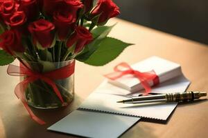 ai généré une bouquet vide enveloppe et stylo prêt pour en écrivant, éducatif photo