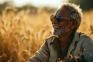 ai généré souriant grand-père jouit le champ avec des lunettes de soleil, diverse actif les personnes âgées des photos