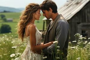 ai généré la mariée et jeune marié partage fleurs dans une pittoresque campagne prairie, Valentin, sortir ensemble et l'amour proposition image photo