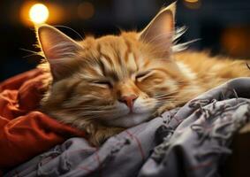 ai généré une chat repose confortablement sur une lit, animal de compagnie la photographie photo