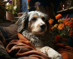 ai généré une en train de dormir chien sur une lit dans le vivant chambre, animal de compagnie la photographie photo