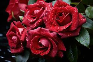 ai généré rouge des roses luire dans une doux pluie symbolisant romance, Valentin, sortir ensemble et l'amour proposition image photo