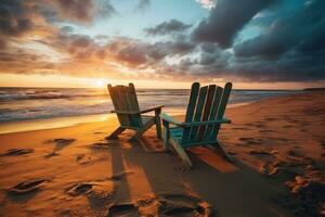 ai généré deux plate-forme chaises par le le coucher du soleil plage, lever du soleil et le coucher du soleil fond d'écran photo