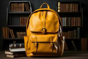 ai généré brillant Jaune sac posant avec une empiler de livres, diverse éducation et enseignants journée image photo