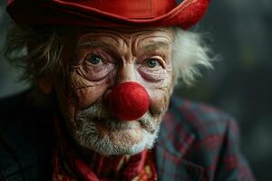 ai généré Sénior homme ludique habillé comme une clown, diverse actif les personnes âgées des photos