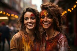 ai généré Holi de fête joie Jeune femmes délice dans rue célébrations, Holi Festival image Télécharger photo